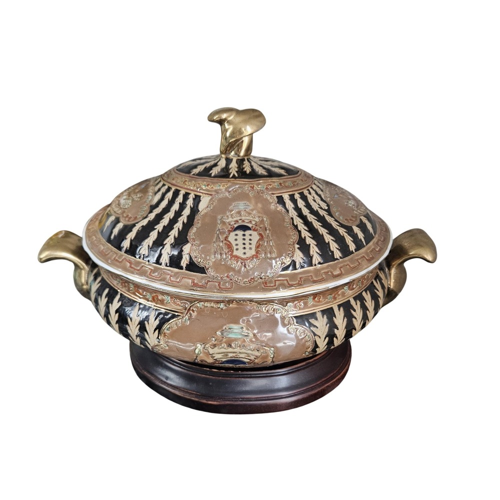 Vintage Oriental Accent‎ Black and Gold Lidded Tureen Decorative accent